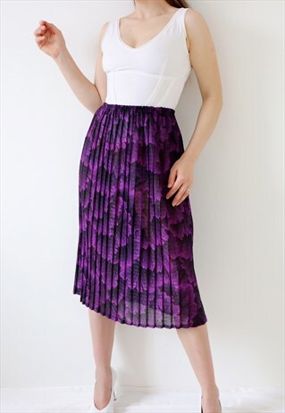 PLEATED 90S VINTAGE MIDI SKIRT SHEER FLORAL HIGH WAIST