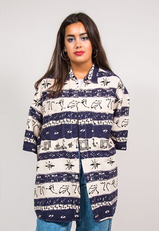 90'S VINTAGE BLUE STRIPED WAVEY PATTERN SHORT SLEEVE SHIRT