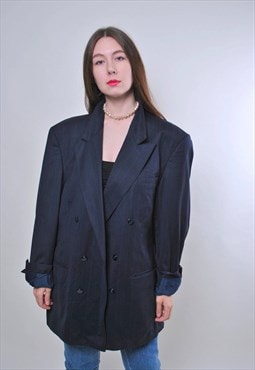 Oversized wool blazer, blue double-breasted suit, plus size 