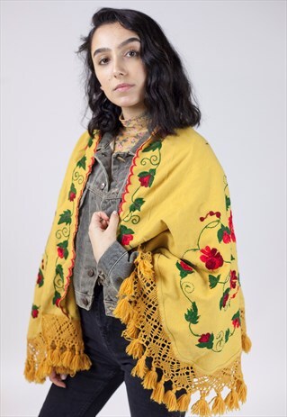 VINTAGE MUSTARD FLOWER EMBROIDERED WOOL SHAWL