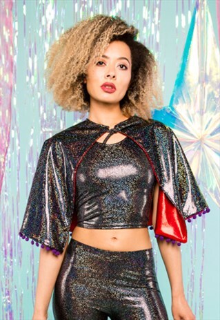 HANDMADE HOLOGRAPHIC BLACK POM-POM REVERSIBLE FESTIVAL CAPE
