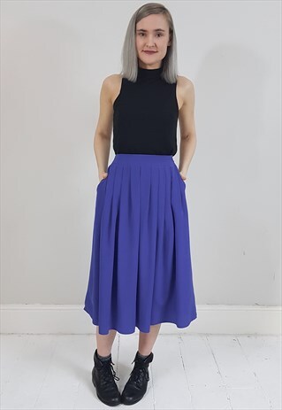 VINTAGE 80'S PLEATED COBALT BLUE MIDI SKIRT W/ POCKETS