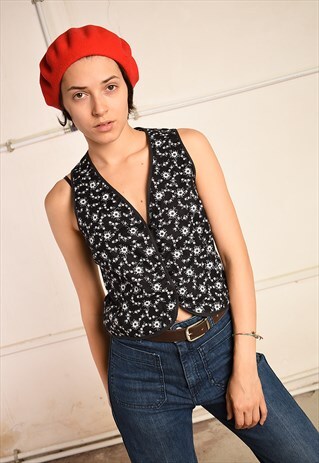 90'S RETRO FLORAL PRINT FESTIVAL PARIS CHIC TOP GILET
