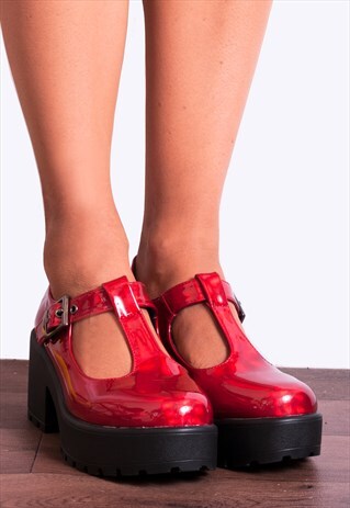 RED PATENT CLEATED T-BAR PLATFORMS HIGH HEELS SHOES