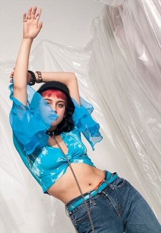 VINTAGE CROP TOP Y2K REWORKED TIE-DYE BLEACH SHEER BLOUSE