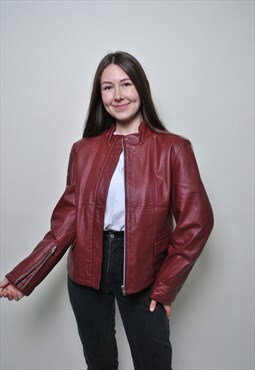 90's biker jacket, vintage red leather jacket - MEDIUM