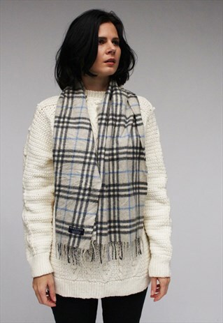 VINTAGE CASHMERE CHECKED SCARF GREY-AS08