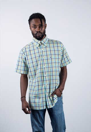 TOMMY HILFIGER VINTAGE 1990S GREEN AND BLUE CHECKED SHIRT