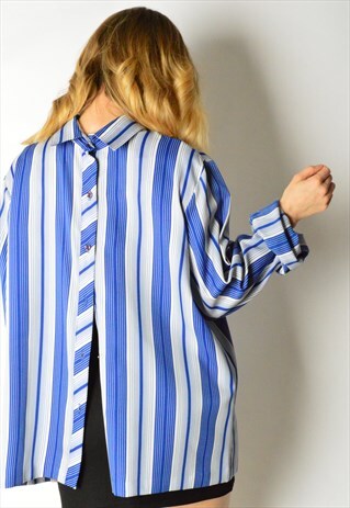 VINTAGE 90S BLUE AND WHITE STRIPED BLOUSE