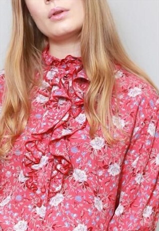 VINTAGE 1970'S SILKY RED FLORAL PRINT RUFFLE BLOUSE