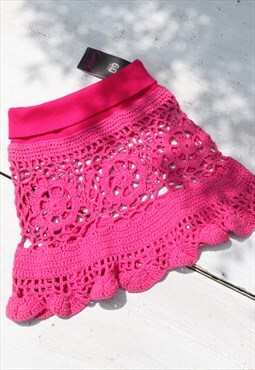 Deadstock handmade knitted crochet pink skirt,beachwear.