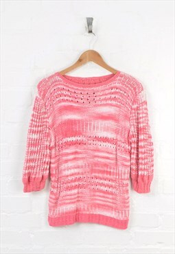 Vintage Knitted Jumper Crochet Knit Pink/White Ladies Medium
