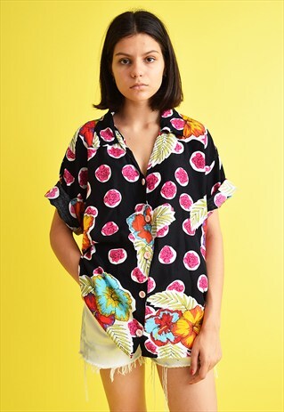 90'S RETRO FLORAL PRINT OVERSIZED SHIRT BLOUSE TOP