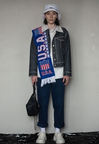 VINTAGE SHORT DENIM SHEARLING JACKET. UNISEX