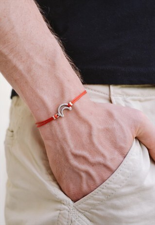 MEN'S BRACELET SILVER CRESCENT MOON CHARM, RED CORD BRACELET