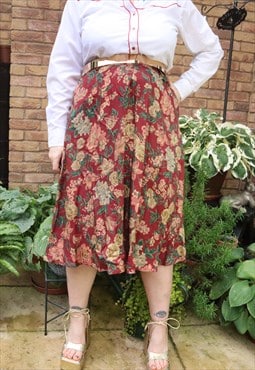 Vintage 80s Maroon Cottage Floral Flower Festival Midi Skirt