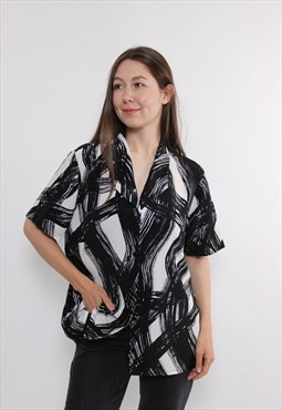 90s abstract print button front blouse, vintage short sleeve