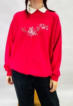 Vintage Size L Floral Embroidered Sweatshirt in Pink