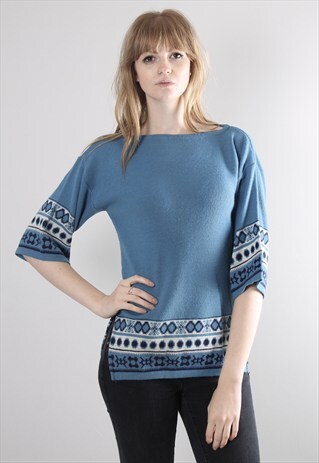 VINTAGE 80S BLUE PATTERNED TRIM JUMPER