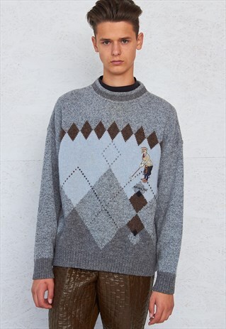 VINTAGE GREY SETBALL ROUND NECK WOOL KNIT JUMPER