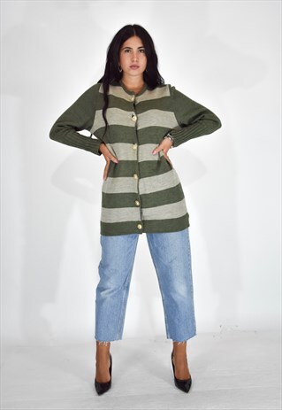 VINTAGE MULTICOLORED STRIPED CARDIGAN IN PURE WOOL