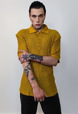 Shoulder padded polo shirt short sleeve textured top yellow