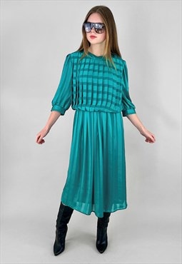 80's Green Ladies Vintage Short Sleeve Stripe Midi Dress 