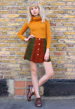 VINTAGE 70S PATCHWORK BUTTONED FRONT SUEDE MINI SKIRT