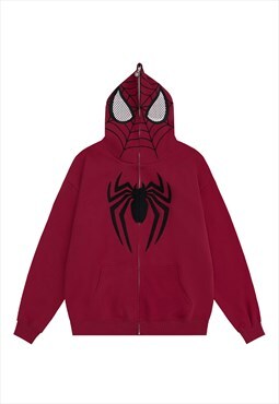 Spider hoodie full zip up punk pullover Gothic top in red