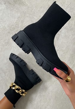 justyouroutfit Black Chunky Sole Sock Ankle Boots