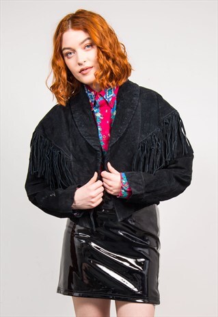 VINTAGE 90'S BLACK SUEDE CROPPED TASSEL JACKET