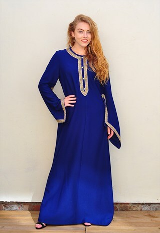 VINTAGE 70'S EMBROIDERED PURPLE BOHO HIPPY KAFTAN MAXI DRESS