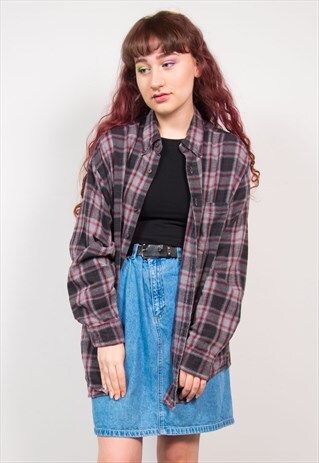 VINTAGE 90'S GREY & RED CHECKED FLANNEL LONG SLEEVE SHIRT