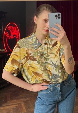 CHIFFON FLORAL SHIRT, BUTTON UP TROPICAL SHORT SLEEVE BLOUSE