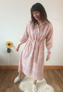 Vintage 80s Peach & White Midi Dress 