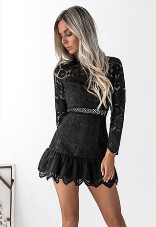 BLACK DRESS W/ EMBROIDERY LACE DETAILING