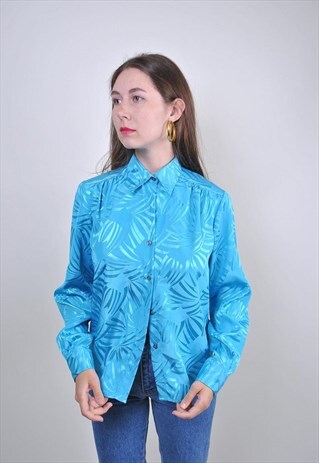 VINTAGE BLUE BLOUSE WITH ABSTRACT PATTERN, SIZE M