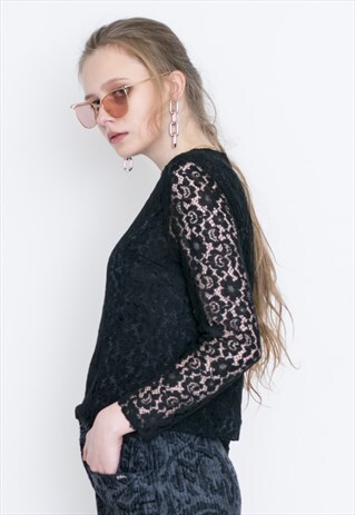 VINTAGE BLACK FLORAL SEE THROUGH RETRO BLOUSE