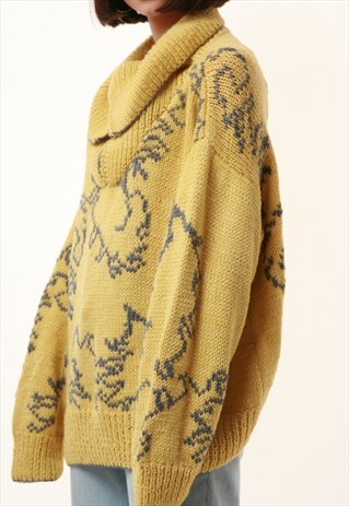 90S VINTAGE WARM YELLOW PATTERN COZY JUMPER KNITWEAR 1136