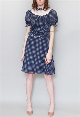 VINTAGE 1970'S STUNNING BLUE & WHITE SPOT RUFFLED MINI DRESS