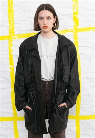 VINTAGE LONG BLACK LEATHER JACKET