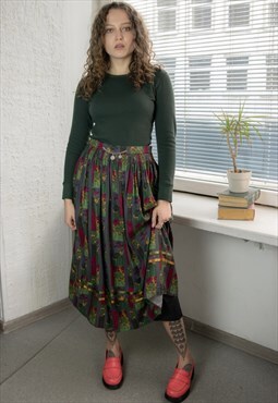 Vintage 80's Multicolour Patterned Midi High Waisted Skirt