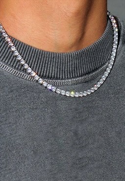 5mm 22" Diamond Iced Out Tennis Curb Necklace Chain - Silver