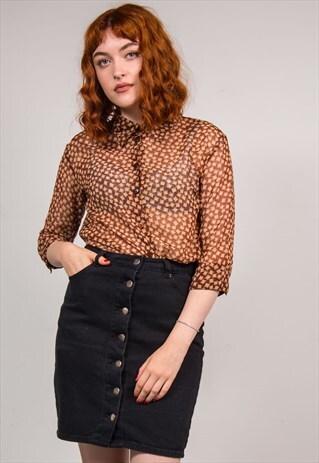 90'S VINTAGE BROWN ABSTRACT SQUARE PATTERN SHEER SHIRT