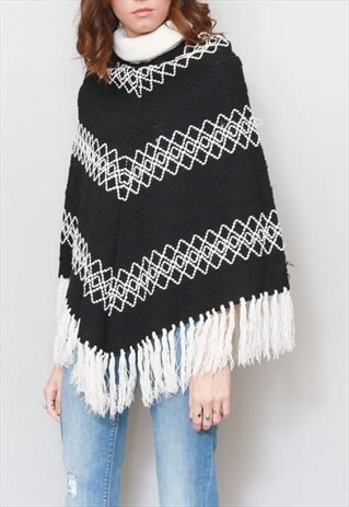 VINTAGE 1970'S MONOCHROME KNIT TASSELED WOOL CAPE