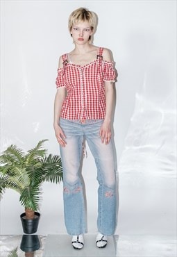 Vintage Y2K cottage cold shoulder gingham top in red&white