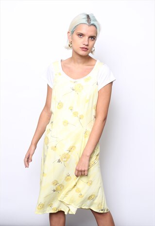 VINTAGE 90S YELLOW FLORAL PRINT MIDI DRESS