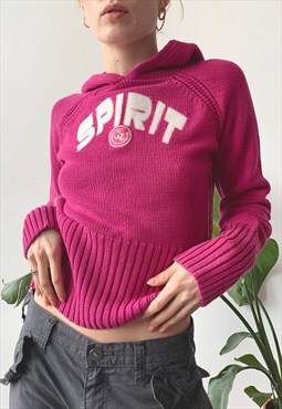 Vintage  Y2K Burgundy Pink Skater Girl Hooded Knit Jumper