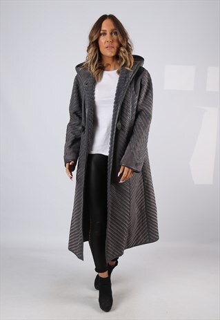 SHEEPSKIN HOODED SUEDE LEATHER SHEARLING COAT UK 14 (GJ2B)