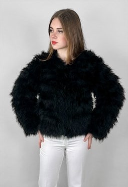 Vintage Style Ladies Black Crop Feather Long Sleeve Jacket